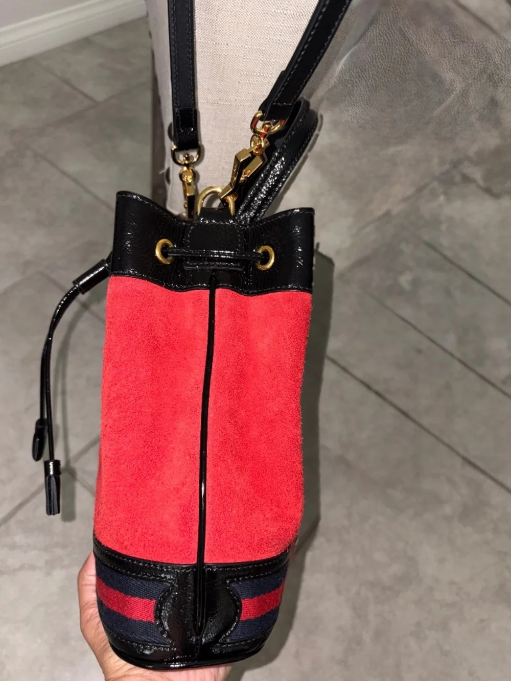 GUCCI Red Suede Black Patent Ophidia Bucket Bag Crossbody Like New! - Picture 15 of 16